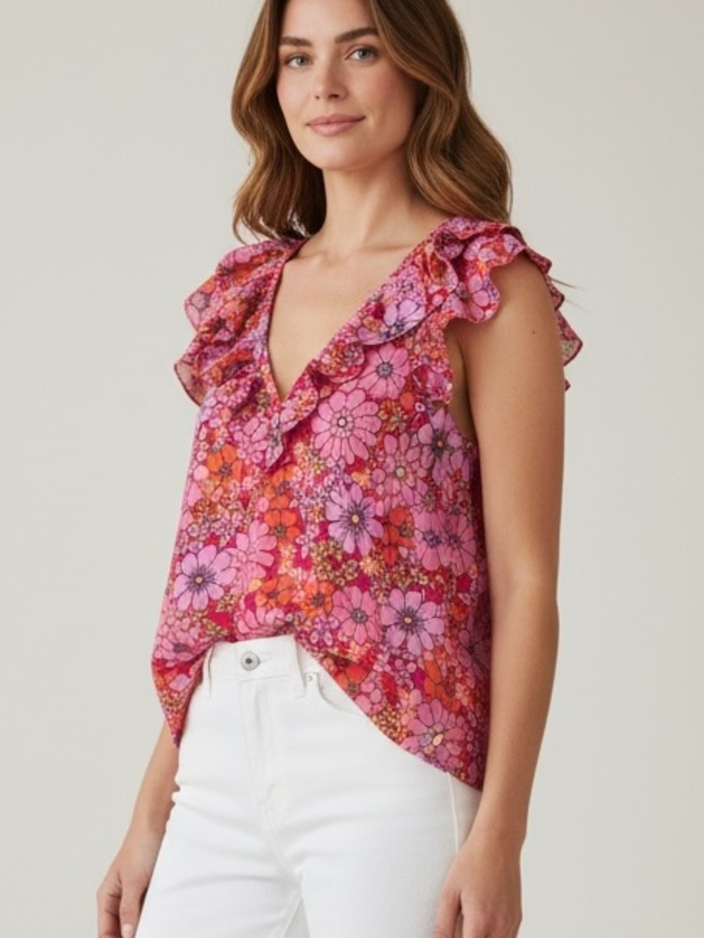RAMY BROOK Cynthia Pink Floral-Print Double Ruffle Sleeve Blouse NEW L $295